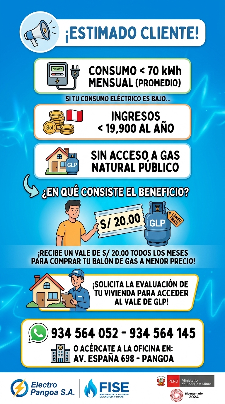 Afiche informativo FISE: si tienes un consumo promedio mensual menor o igual a 70 kWh, solicita la evaluación para acceder al vale de descuento.